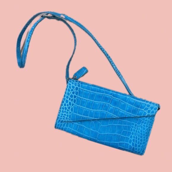 Danier Bright Blue Croc-Embossed Leather Bag – Convertible Shoulder or Clutch - Picture 1 of 8